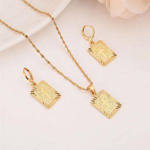 22 K 23 K 24 K Thai Baht Solid Fine Yellow Gold GF Christian Square Cross Pendant Drop Necklace Chain Earrings Sets Jesus Gift198Y
