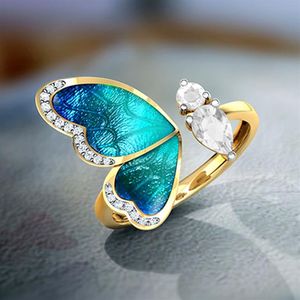 Fantasy Blue Butterfly Wings Gold Open Finger Rings Charms smycken Fashion Justerbara Rhinestone Party Rings for Women2380