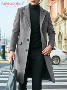 Aelegantmis Men's Winter Woolen Coat Single Breasted Slim Fit Long Overcoat Solid Lapel Collar Autumn Winter Streetwear Jackets 231226