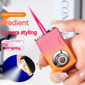 Accendino stile fotocamera creativa, ricarica accendino a gas butano con luce LED, fiamma rossa torcia jet flame, accessori per fumatori, regalo per uomo