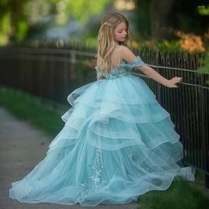 Платья для девочек Изысканное платье с открытыми плечами и цветком, длинное пышное свадебное платье с аппликацией, кружевное платье с оборками для вечеринки, дня рождения, платье принцессы