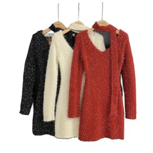 Women's v-neck long sleeve mohair wool lurex patched shinny bling knitted sweater dress SMLXL