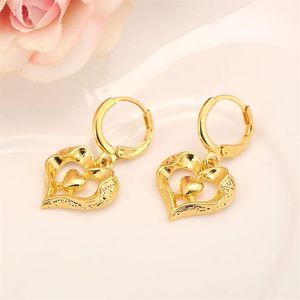 14 k Fine Gold Filled heart linked to heart Earrings Women Girl Love Trendy Jewelry for African Arab Middle Eastern210H