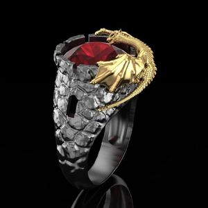Vintage Gold Evil Dragon Gothic Men Ring Wine Red Zircon Punk Black Finger Rings for Women Hip Hop Fashion Jewelry D5M520 Cluster257o