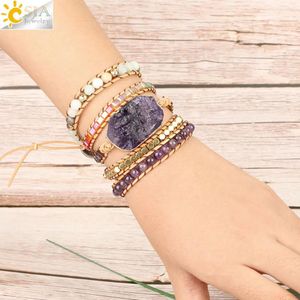 Bangle CSJA Ametistas Cristal Genuíno Couro Envoltório Pulseiras Mulheres Pedra Natural Grânulos Boho Multicamadas Amizade Pulseira Trançada S461