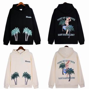 Rhude Hoodie Designer Hoodies Sweatshirt Vintage Edebiyat Desenleri Baskılı Damla Omuz Gevşeli Desenli Hindistan cevizi Ağacı Baskı Yarışı Terry Bez Sweaters Hoody U8i