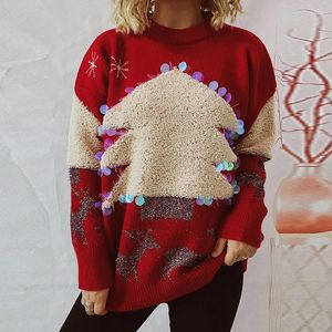 Suéter feminino casual o pescoço manga comprida pulôver tops inverno árvore de natal engrossado malhas elegante lantejoulas soltas jumper de lã