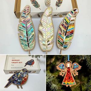 Juldekorationer DIY Mosaic Kit Pendant Gift Creative Wood Leaf Birds Decorative Crafts Room Decoration 231227