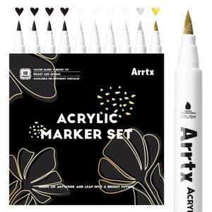 Arrtx 10pcs4 preto 4 branco 1 dourado 1 marcadores acrílicos prateados pincel canetas de tinta acrílica para desenho materiais de arte 231226