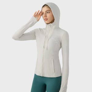 L-2088 Jogging Hooded Jacket Yoga Top Hip Length Coat Soft Breathable Sports Jackets Autumn Winter Long Sleeve Shirts Slim Fit Sweatshirts with Thumbholes