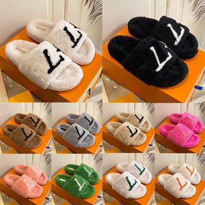 2023 Designer Femmes Pantoufles Moelleuses Fourrure Furry Diapositives Dames Célèbres Luxurys Sliders En Peluche Blanc Noir Vert Sandales De Mode Intérieure Mocassins 35-42