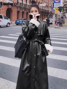 Lautaro Winter Long Warm Thick Leather Trench Coat for Women with Faux Fur Inside Belt Loose Korean Fashion Fur Lined Parka 231226