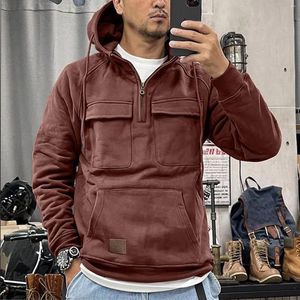 Felpe con cappuccio da uomo stile industriale moda maschile autunno inverno casual spessa top tinta unita felpa con cappuccio multitasche