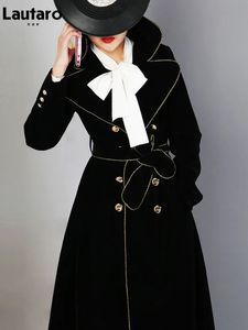 Lautaro Spring Autumn Long Black Velvet Trench Coat for Women with Gold Trim Sashes Double Breasted Luxury Designer Fashion 231226