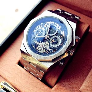 Drones Men's Watches Automatic Mechanical Business Wristwatch Waterproof Stainless Steel Strap Watch for Man Skeleton Calendar Free Shi