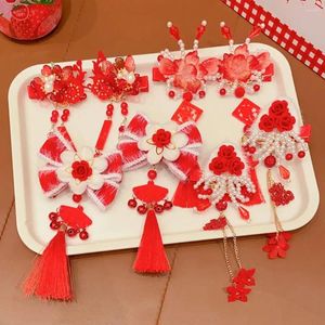 Hair Accessories Tassel Children Red Hairpin Cloth Bow Ancient Style Tang Suit Clip Baby Headwear Chinese Year