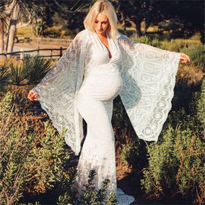 White Lace Maternity Dresses Photography Props Sexy Split Side Maxi Gown For Pregnant Deep V-neck Women Long Pregnancy Dress Photo Shoots 2024 Hot