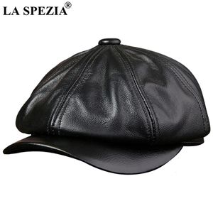 La Spezia siyah sboy şapkalar erkekler için gerçek inksin deri sekizgen kapak erkek sonbahar kış donatılmış vintage ördek bere 231226
