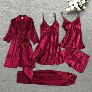 Women's Sleepwear Women Satin Silk Pajamas Set 5 Pieces Robe Nightdress Shorts Pants Female Sexy Wedding Nightwear Home Wear Nighty