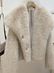 Inverno fofo casaco de pele do falso feminino elegante damasco manga longa lapela larga casacos femininos 2023 moda solta quente luxo outwear 231226
