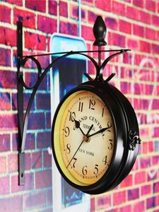 Dwustronne okrągłe stacja na ścianie zegarowy ogród vintage retro home dekoracje metalowa szklana okładka na prezent na Boże Narodzenie Y2004643035
