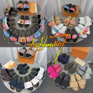 Designer Slippers Pool Pillow Slides Summer Lvities Cotton Fabric Leather Casual Shoes Man Black Scuff Flat Sandals Mules Sunset Padded Women Fashion Size EUR 35-45