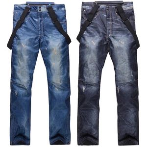 Jeans nya män kvinnor jeans skidbyxor vinter varm utomhus sport slitage vindtät vattentäta snöbyxor skid snowboard haklappar byxor par