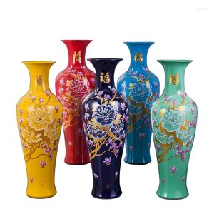 Vases Jingdezhen Large Ceramic Floor Vase Yellow Glaze Peony Flower Blooming Rich Home Decoration