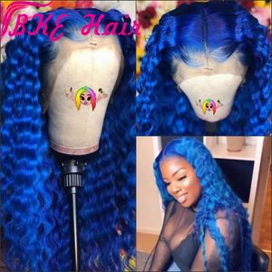 Peruker Mörkblå vattenvåg Syntetisk spets Front Wig Glueless värmebeständig fiber med naturlig hårfäste för Black Woman Deep Wave Wigs