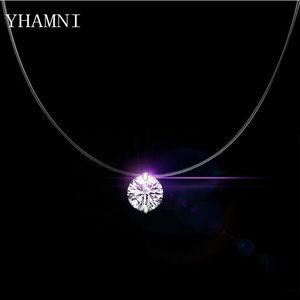 Yhamni novo 6mm 8mm redondo cz real 925 prata esterlina pingente colar transparente linha de peixe elegante colares jóias de casamento para 255x