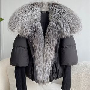 Janveny Large Real Silver Fox Fur Collar White Duck Down Jacket Women Winter Luxury Puffer Coat Oversize Feather Outwear 231226