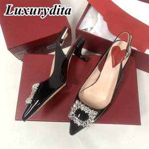 Hochwertige Frauen Sandalen Pumpen Leder -Sohle Bankett Stiletto Laufsteg Luxus spitze High Heels Designer Vivier Flat Ballet Shoes Mode Heel Ladies Mules G2507