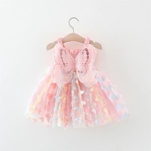 Summer Girls Princess Party Birthday Dress Back Bow Wings Fairy Strap Embroidered Butterfly Mesh 231226