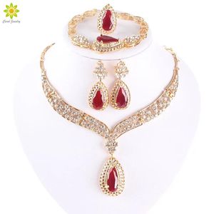 Bracelets Fashion Crystal Necklace Collar Jewelry Sets for Women Party Accessories African Beads Earrings Bracelet Ring Sets Vintage Red