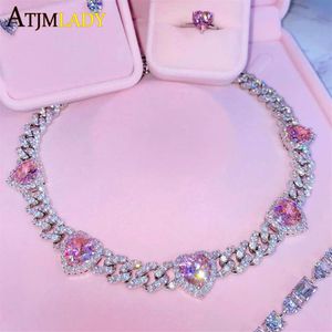 Iced Out Bling Cubic Zirconia 11mm Miami Cuban Link Chain Hearts Necklace Pink Heart CZ Charm Choker Jewelry Hiphop For Women 2207223T