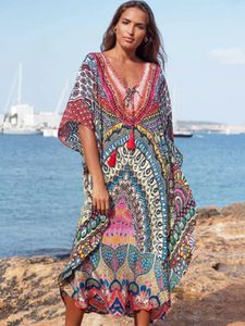Roupa de banho feminina 2023 marroquino kaftan boêmio impresso vestido de verão longo túnica mulheres plus size beach wear natação terno cobrir robe
