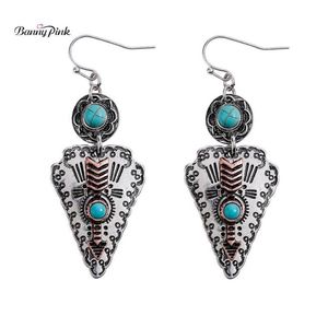 Banyn Pink Tribal Turquoises- Brincos de pedra de pedra para mulheres Recursos de flechas de metal étnico Brincos vintage Stone193k