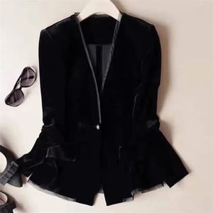 2023 Sonbahar Büyük Boyu Vintage Kadınlar Altın Velvet Blazer Resmi Takımlar Gevşek Lady Siyah Kat Ceket Basic Teps Dış Giyim 2270 231227