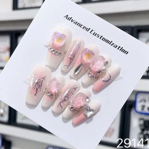 Handmade Y2k Fake Nails Pink French Luxury Reusable Adhesive False with Design Mediumlength Acrylic Full Cover Nail Tips 231226