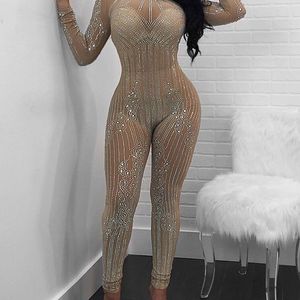 Women's sexy rhinestone design long sleeved mesh tight fitting jumpsuit nightclub party jumpsuit 231227