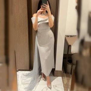 Elegant Silver Sheath Evening Dress 2024 Off Shoulder Sequins Train Satin Ankle Length Formal Party Prom Gowns Arabic Dubai Robe De Soiree