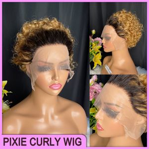 Malaysiska peruanska indiska brasilianska 1B27 100% Raw Virgin Remy Human Hair Deep Wave Pixie Curly Cut 13x1 Short Wig P5