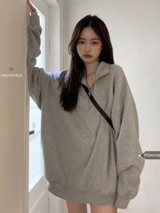 Deeptown Korean Fashion Grey Overized Sweatshirt Harajuku Zip Up Hoodie Vintage Loose Casual Polo Collar Pullover Tops 231226