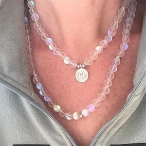 Necklaces KO40G5 Aura Glass Beaded Stretch Necklace for Women Girl Luminous Bead 8mm Round Matte Mystic Quartz Glowing Jewellry Moonstone