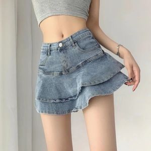 Houzhou Sexy Ruffle Mini Skirtデニム女性サマーヴィンテージかわいいハイウエストパッチワークAラインショートジーンズスカートGyaru Streetwear 231227