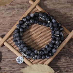 Strand OAIITE 8mm Natural Bead Black Glitter Stone Bracelet Men Lotus Pendant Wrapped Rosary 108mala Women Meditation Necklace