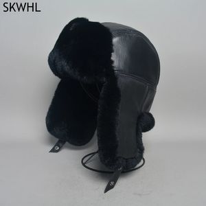 UNISEX Real Rex Rabbit Fur Bomber Hat Ushanka Cap Trapper Uomini russi da donna Cappelli da sci Caspi di pelle vera in pelle di pecora inverno Warm 231227