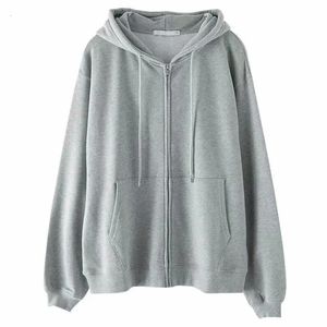 Moletom com capuz oversize com capuz cardigan sweatshirts cinza roupas femininas sólido zip up hoodies primavera topos mangas compridas 231226