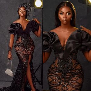 Aso Ebi Vestidos de baile para ocasiões especiais, mangas compridas, sereia, renda, lantejoulas, divisão alta, vestido formal de noite para mulheres negras africanas, vestidos de segunda recepção NL153