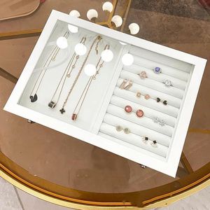 Bracelets Big Pu White Carrying Case with Glass Cover Jewelry Ring Display Box Tray Holder Storage Box Organizer Earrings Ring Bracelet B